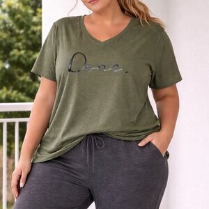 Terra & Sky Olive Green V-Neck Short Sleeve Tee with "Done." Script